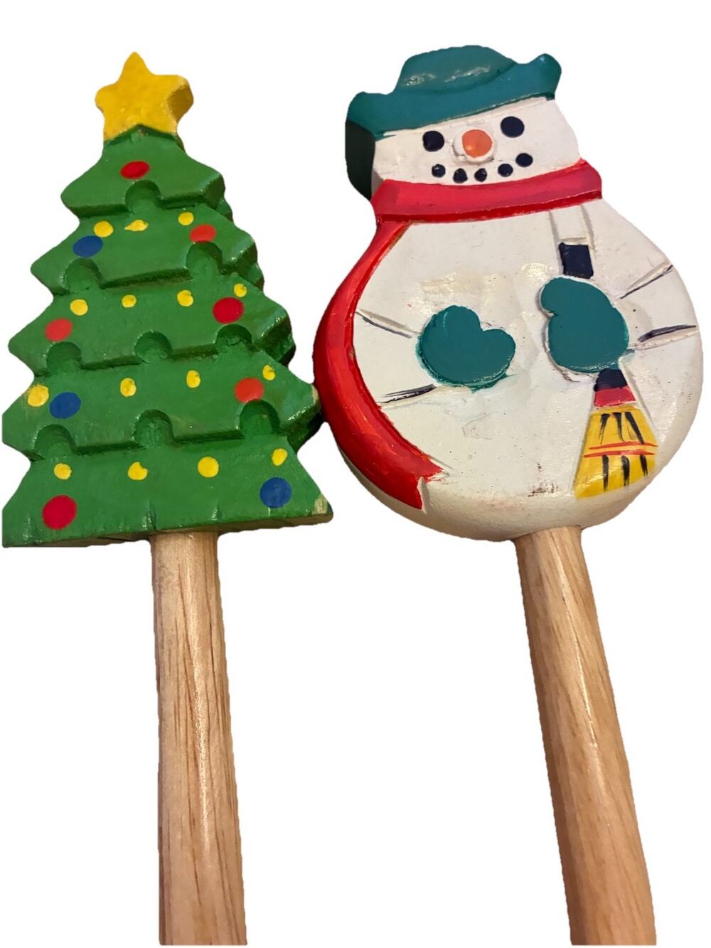 Christmas Serving Spoon Fork Hand Painted Wood Snowman Tree Salad Pasta Holiday